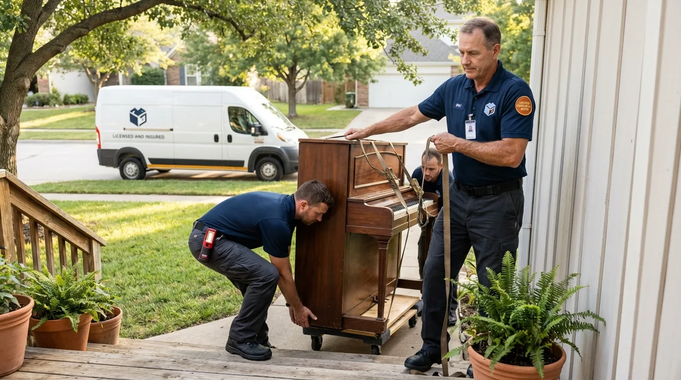 Licensed piano movers securing grand piano in Jasper, AR