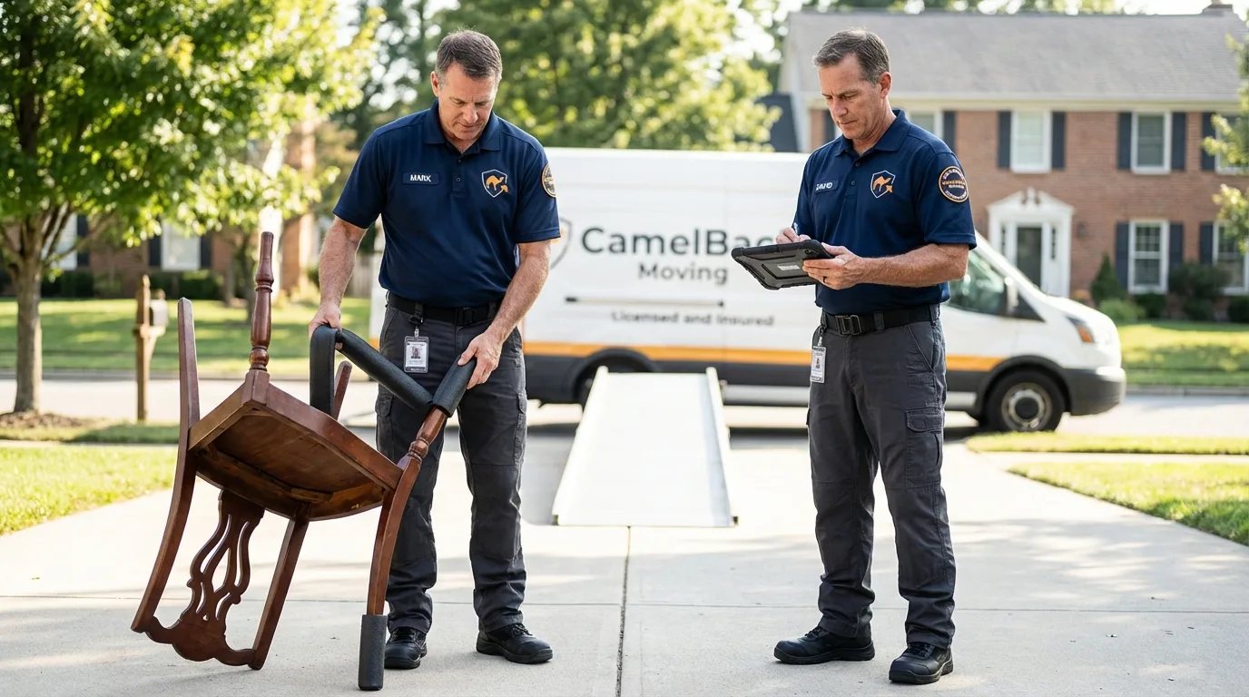 Movers inspecting furniture for damage prevention before loading in Jasper, AR
