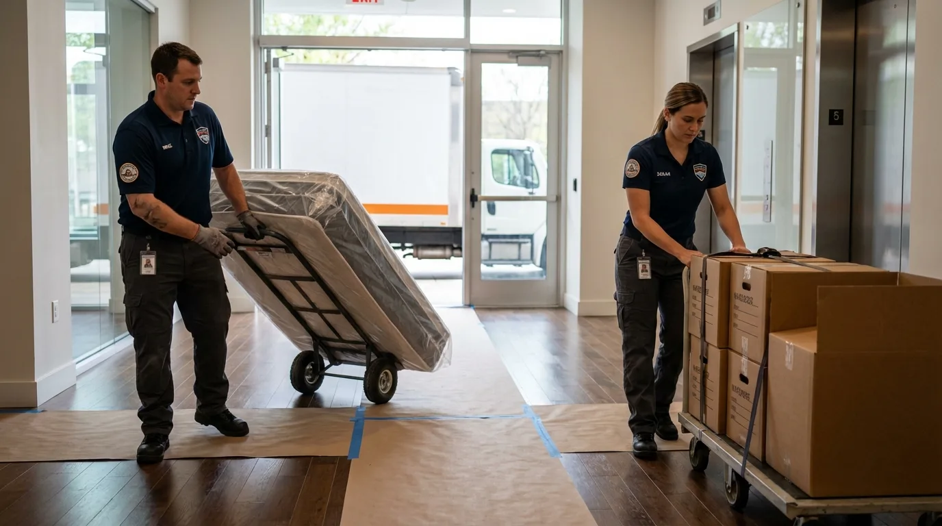 Professional apartment movers loading elevator in Jasper, AR